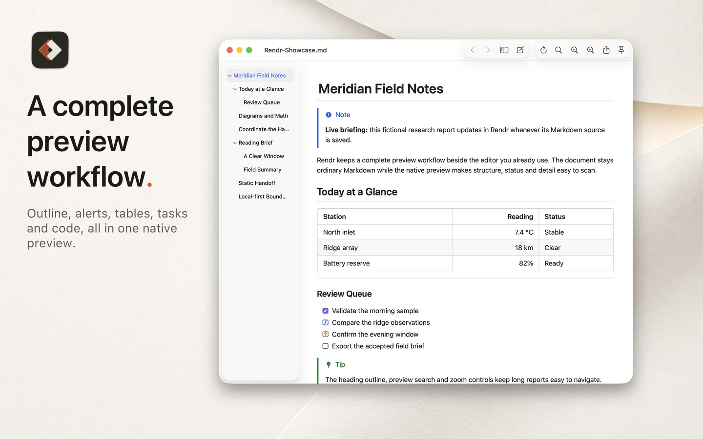 Rendr image titled A complete preview workflow, showing the document outline beside a Markdown alert, table, task list, and tip.