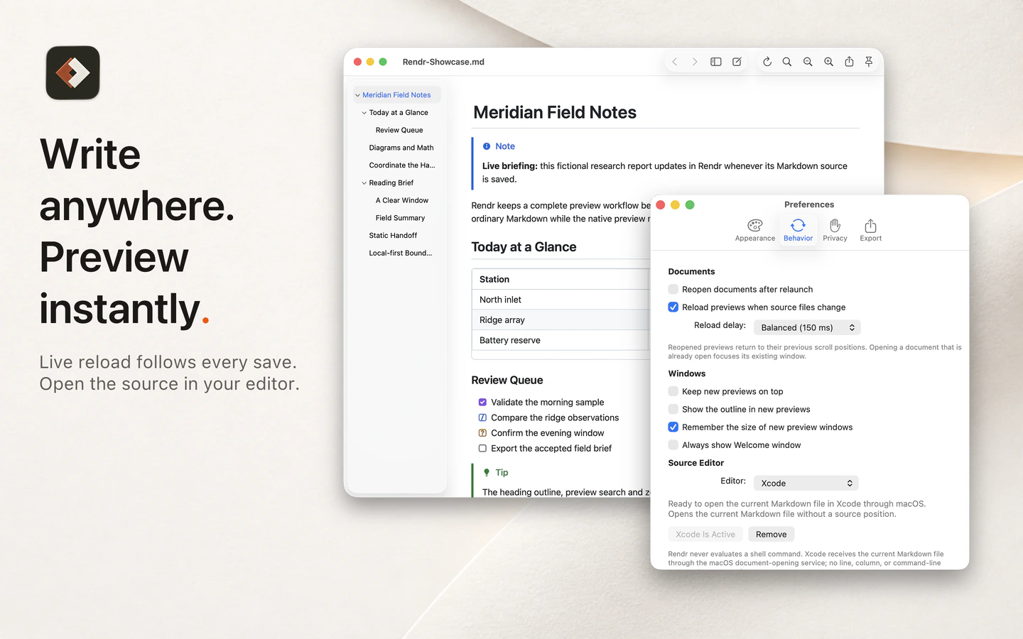 Rendr image titled Write anywhere. Preview instantly, showing a live Markdown preview beside Behavior preferences for choosing a source editor.