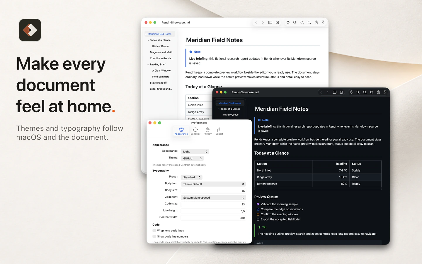 Rendr image titled Make every document feel at home, showing Appearance preferences over matching Light and Dark document previews.