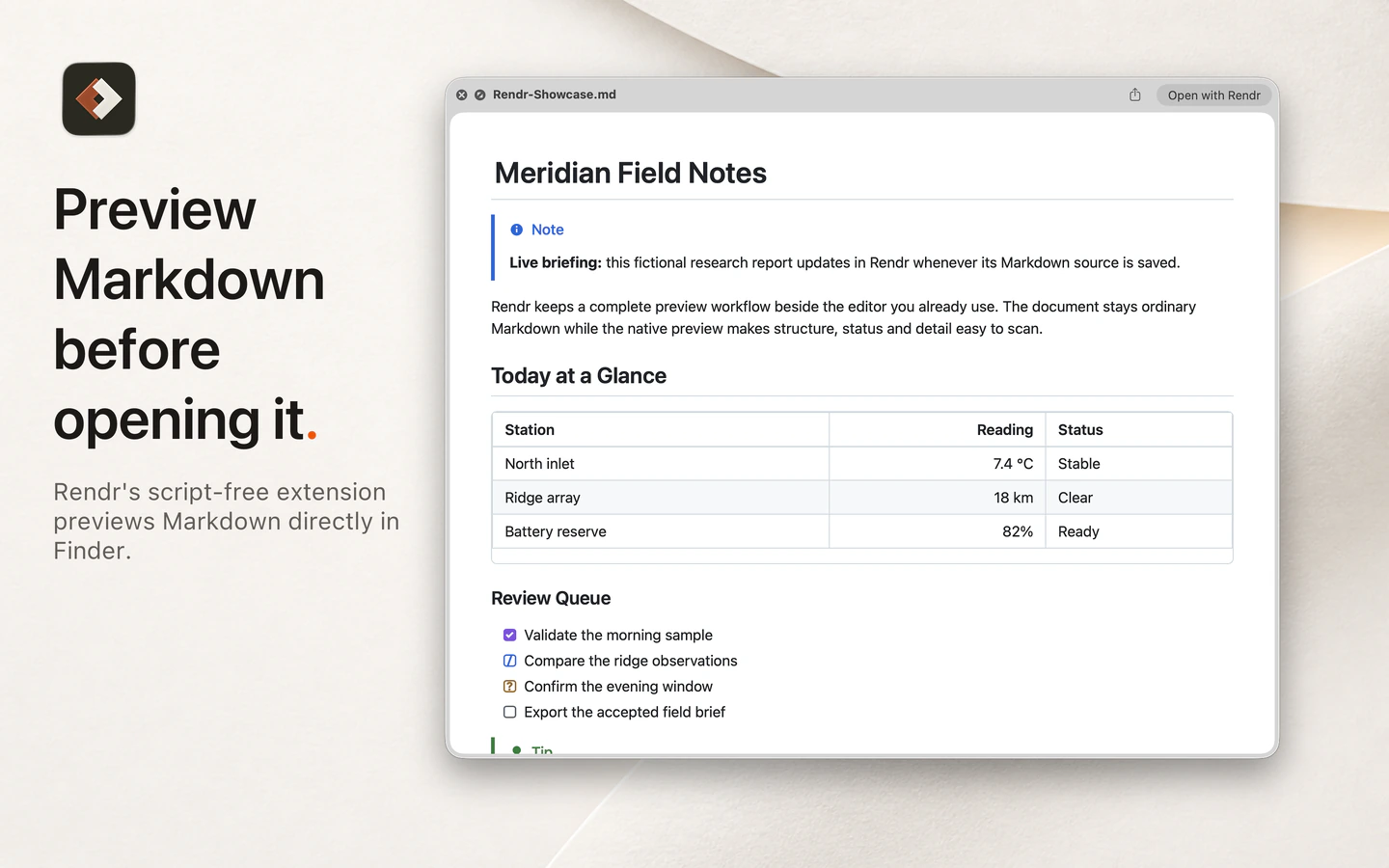 Rendr image titled Preview Markdown before opening it, showing a Finder Quick Look preview of a Markdown document.