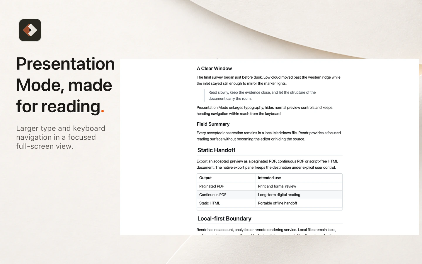 Rendr image titled Presentation Mode, made for reading, showing a focused full-screen document with larger typography.