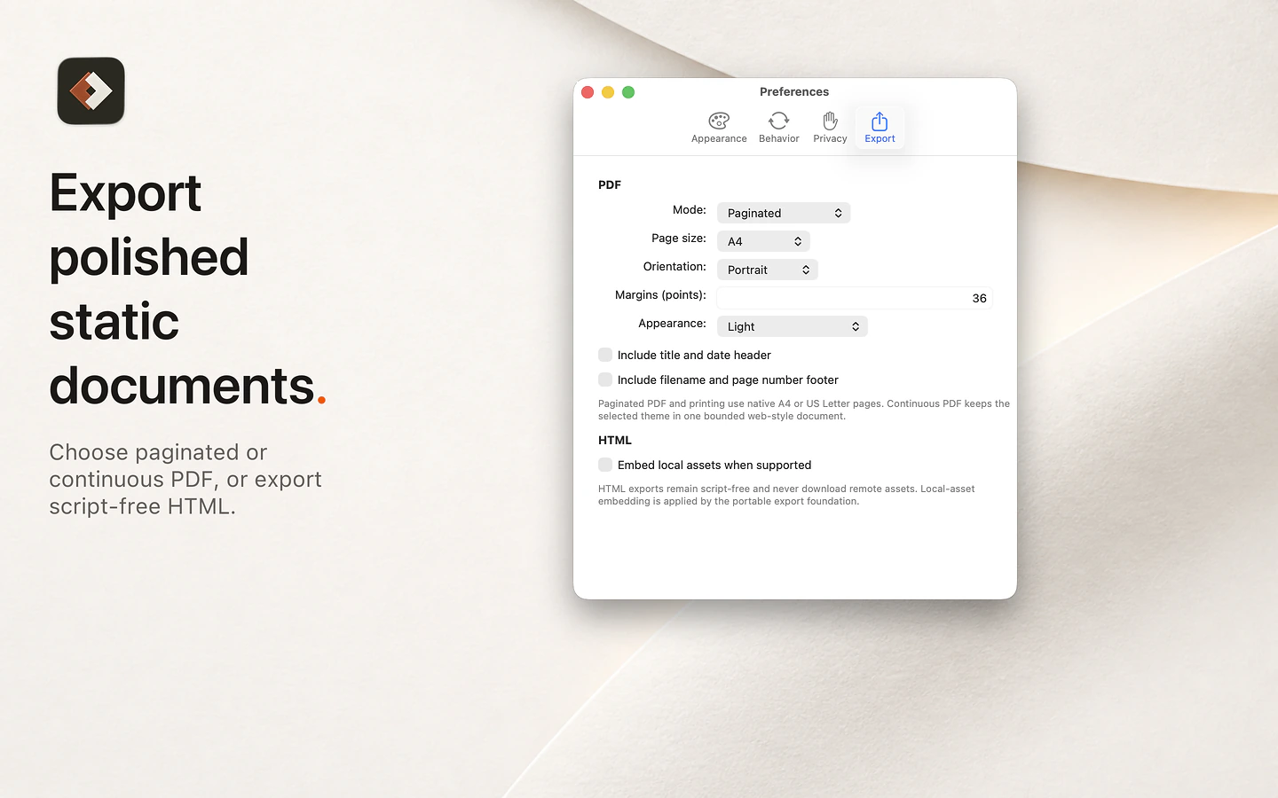 Rendr image titled Export polished static documents, showing the native PDF export panel and Export preferences.