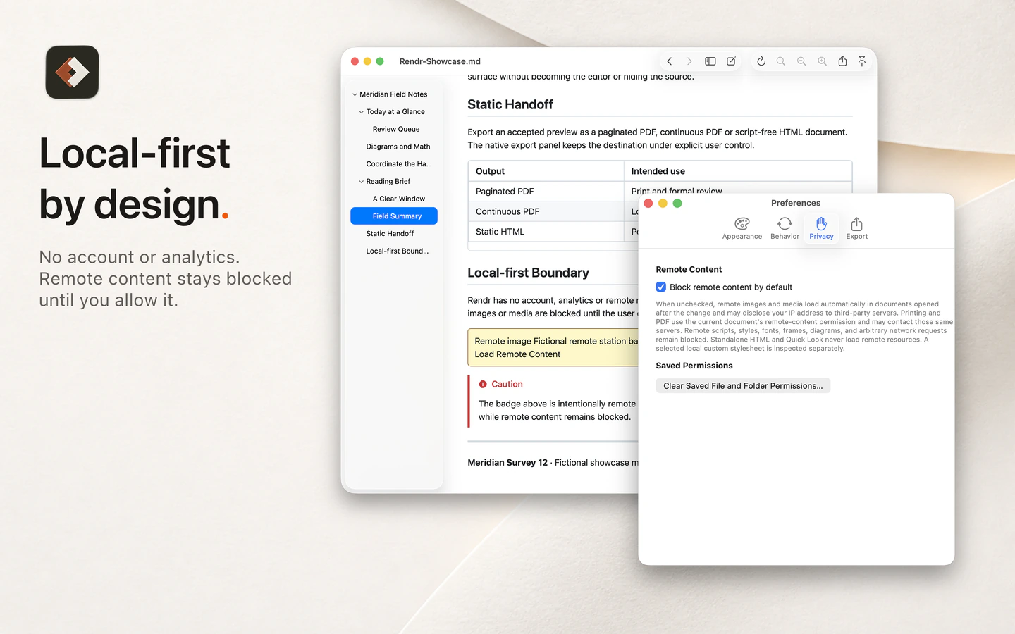 Rendr image titled Local-first by design, showing a document preview and Privacy preferences with remote content blocked by default.