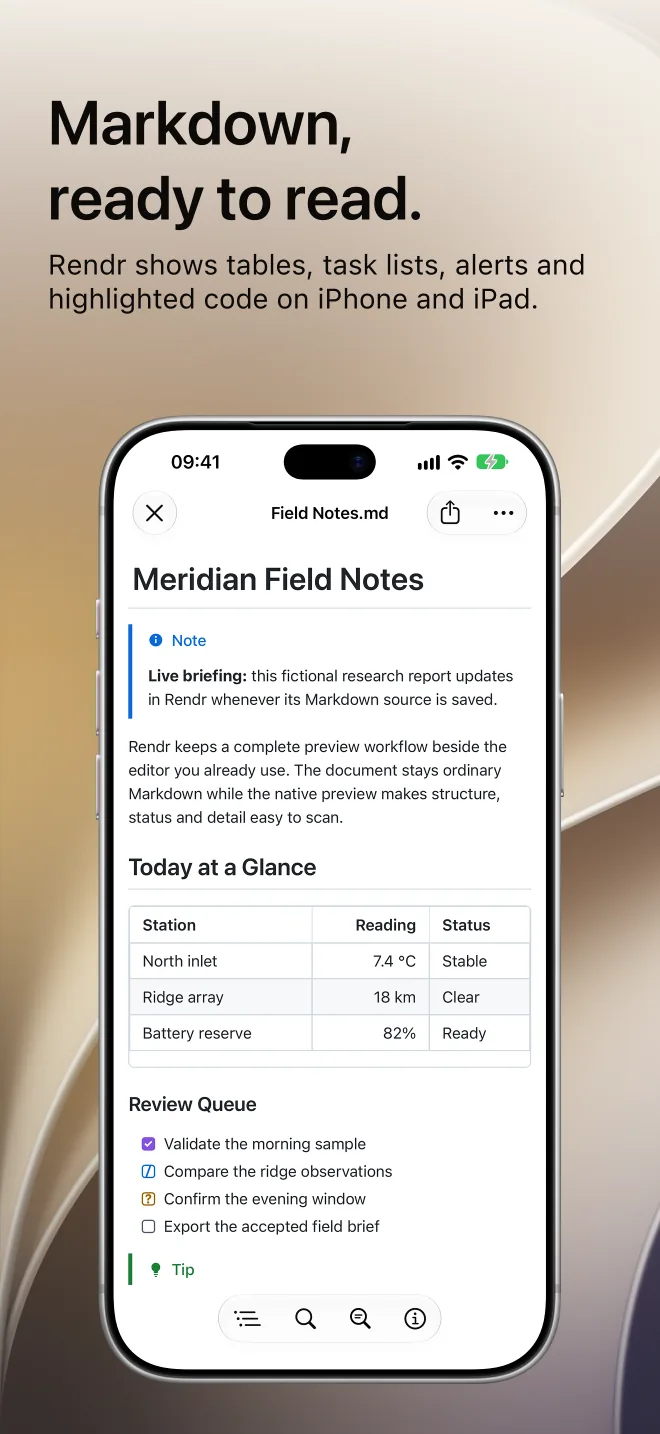 Rendr on iPhone with the caption Markdown, ready to read, showing a report with a note, a table and a task list.
