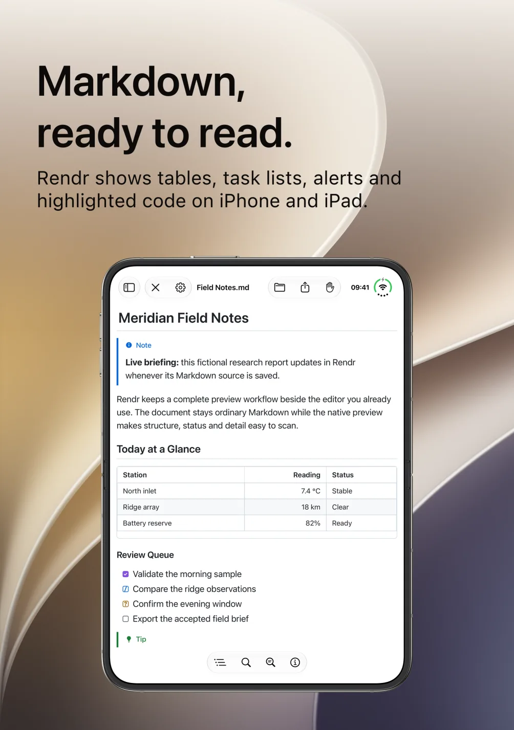 Rendr on an open iPhone Duo with the caption Markdown, ready to read, showing the same report on the inner display with a note, a table and a task list.